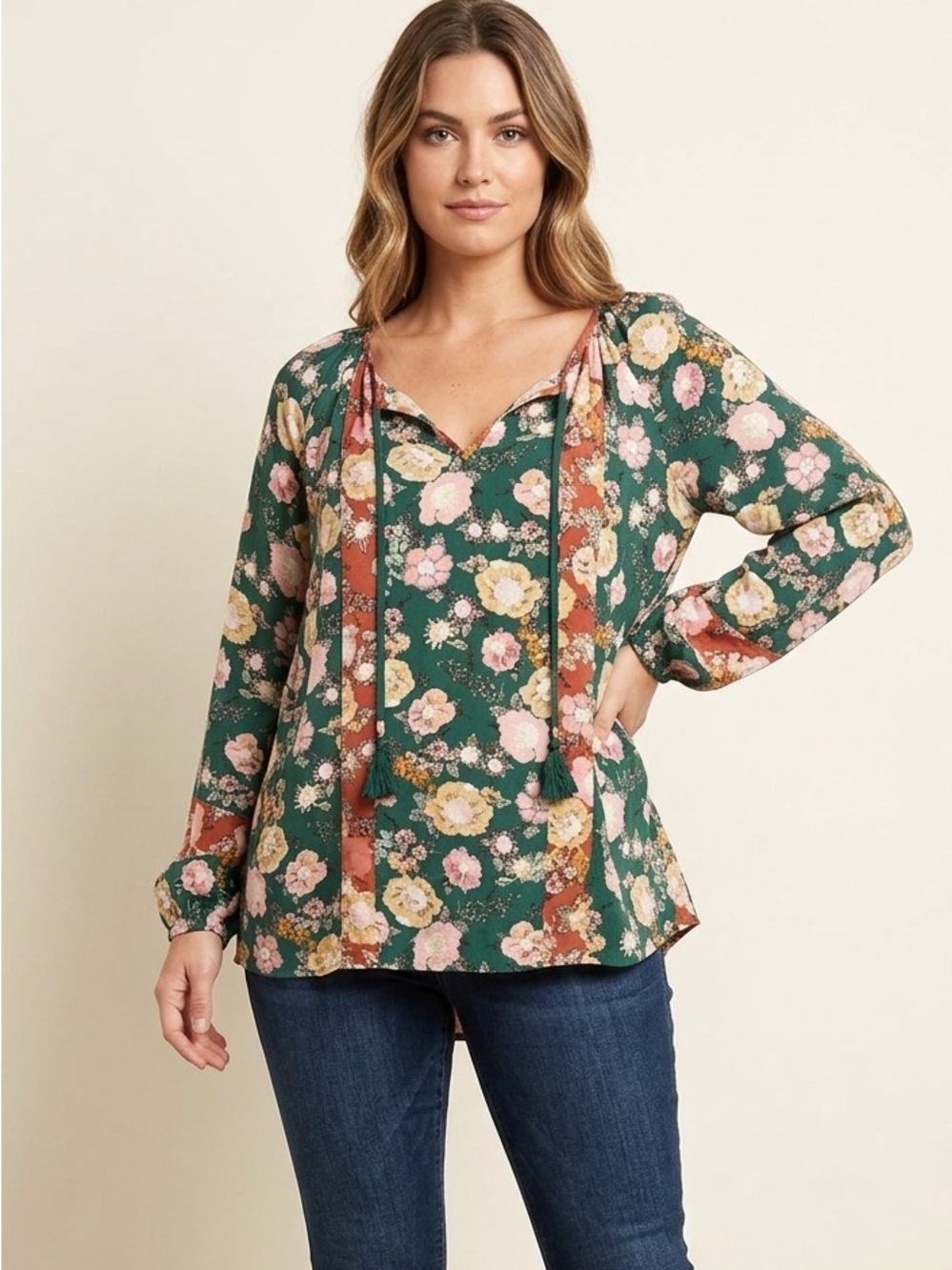 DR2 Boho Floral Frenzie long sleeve v-neck Flowy Fall‎ Green Pink Blouse size M